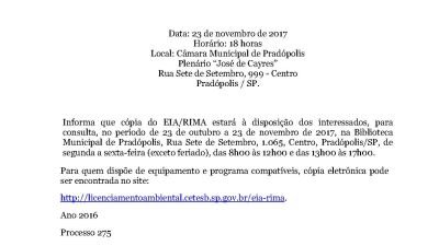 Convite: Audiência Pública de apresentação do EIA/RIMA