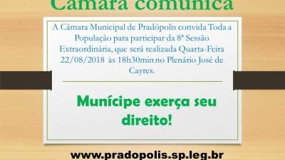 Convite para 8ª Sessão Extraordinária da 2ª Sessão Legislativa da 14ª Legislatura