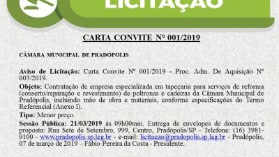 Carta Convite nº 001/2019 – Contratação de empresa especializada em tapeçaria para serviços de reforma