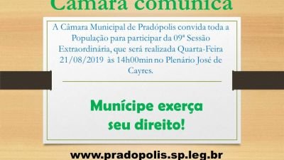 Convite para 09ª Sessão Extraordinária da 3ª Sessão Legislativa da 14ª Legislatura